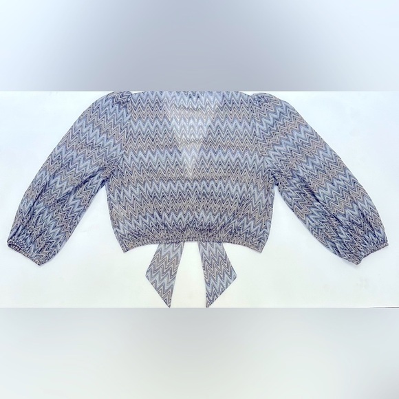 Moon River Chevron Tie Front Sheer Blouse L Metallic Zigzag Puff Sleeve Top - Picture 6 of 12